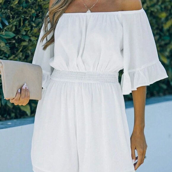 Shirred Detail Off Shoulder Flounce Sleeve Romper white - Picture 2 of 5